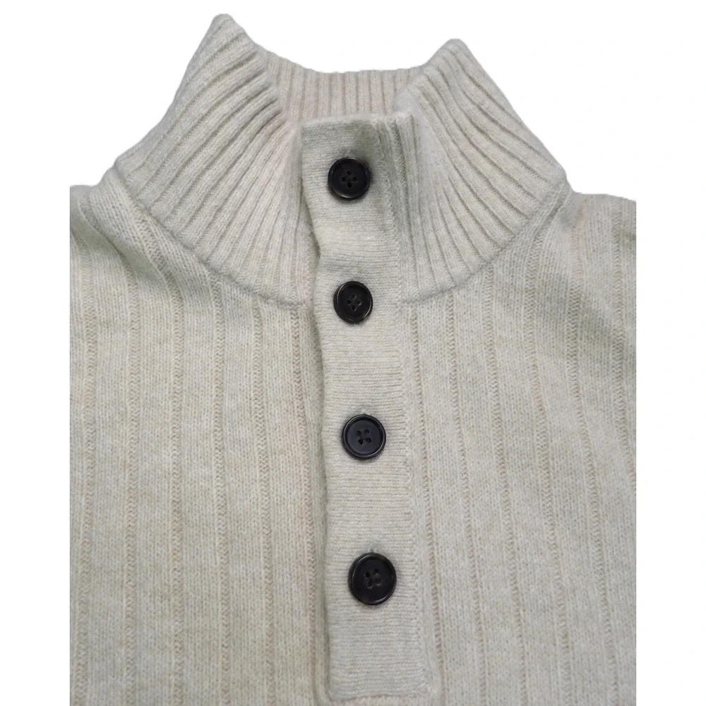 VTG Banana Republic Sweater Men M Ivory Wool Blend Ribbed Btn Mock Neck 90s Knit